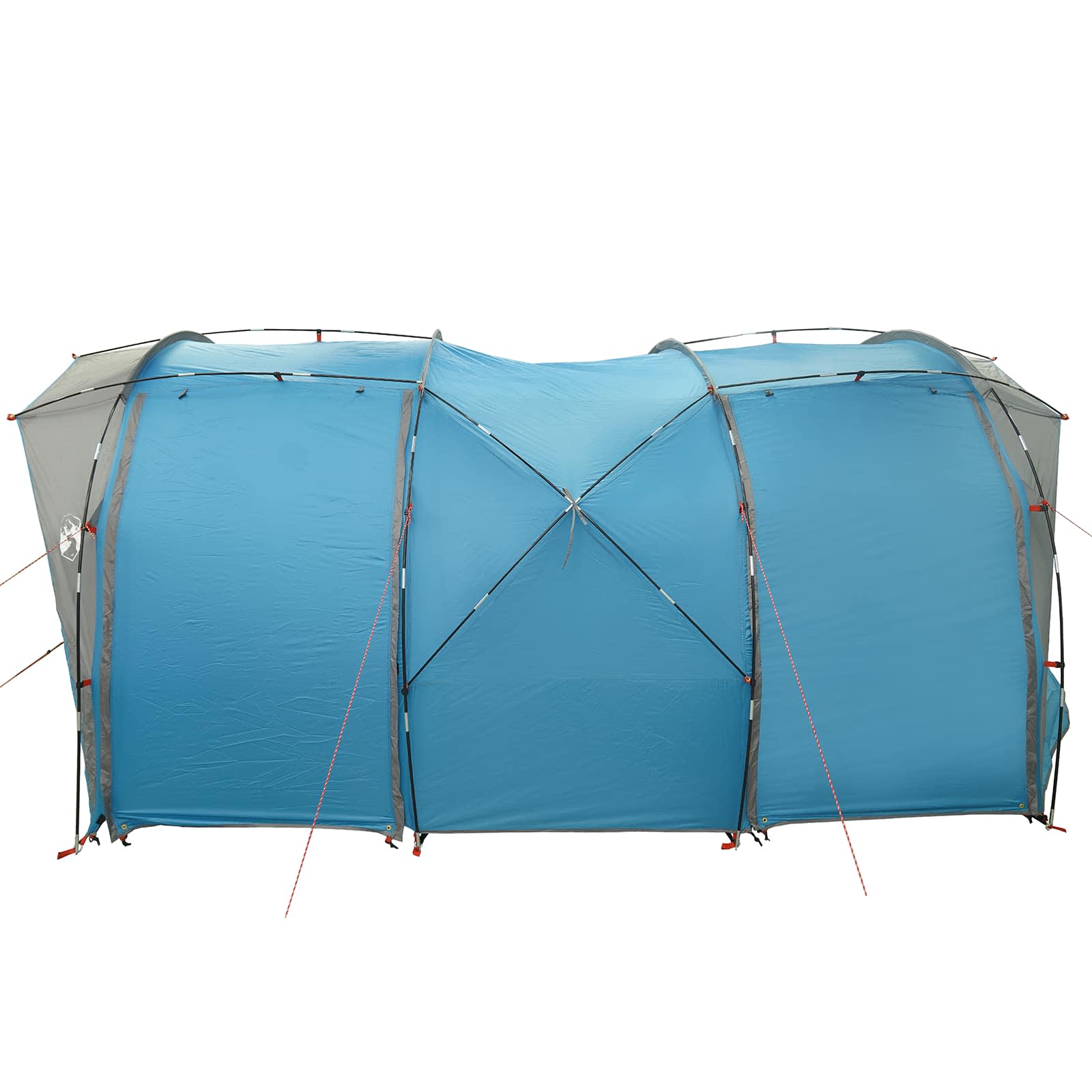 Zijaanzicht van de vidaXL tunneltent in blauw met ventilatieroosters en stevige stokken.