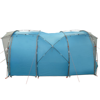 Zijaanzicht van de vidaXL tunneltent in blauw met ventilatieroosters en stevige stokken.