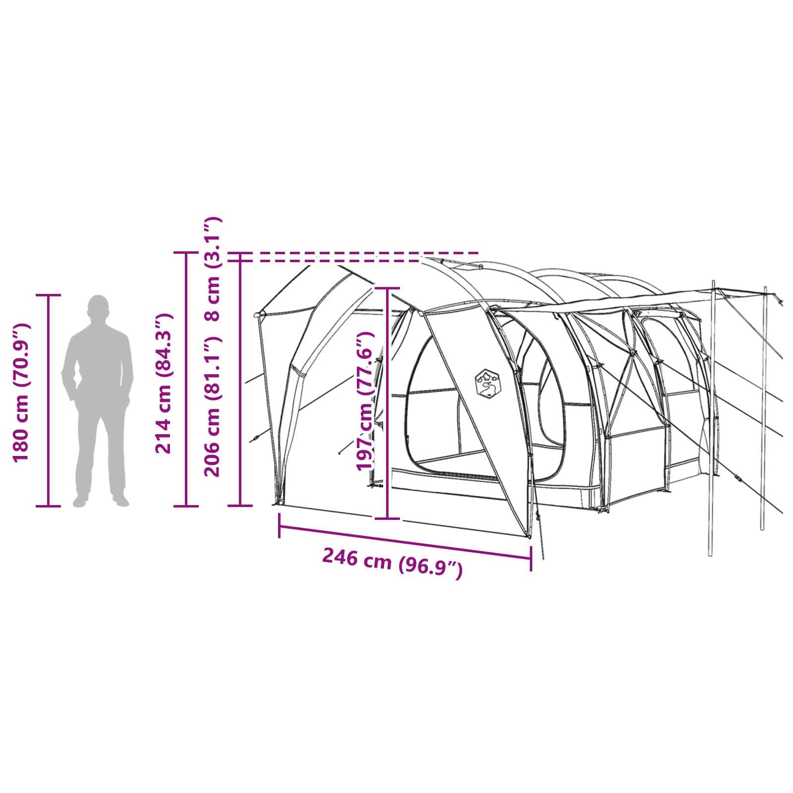 Detailweergave van de vidaXL tunneltent met afmetingen en constructie-informatie.