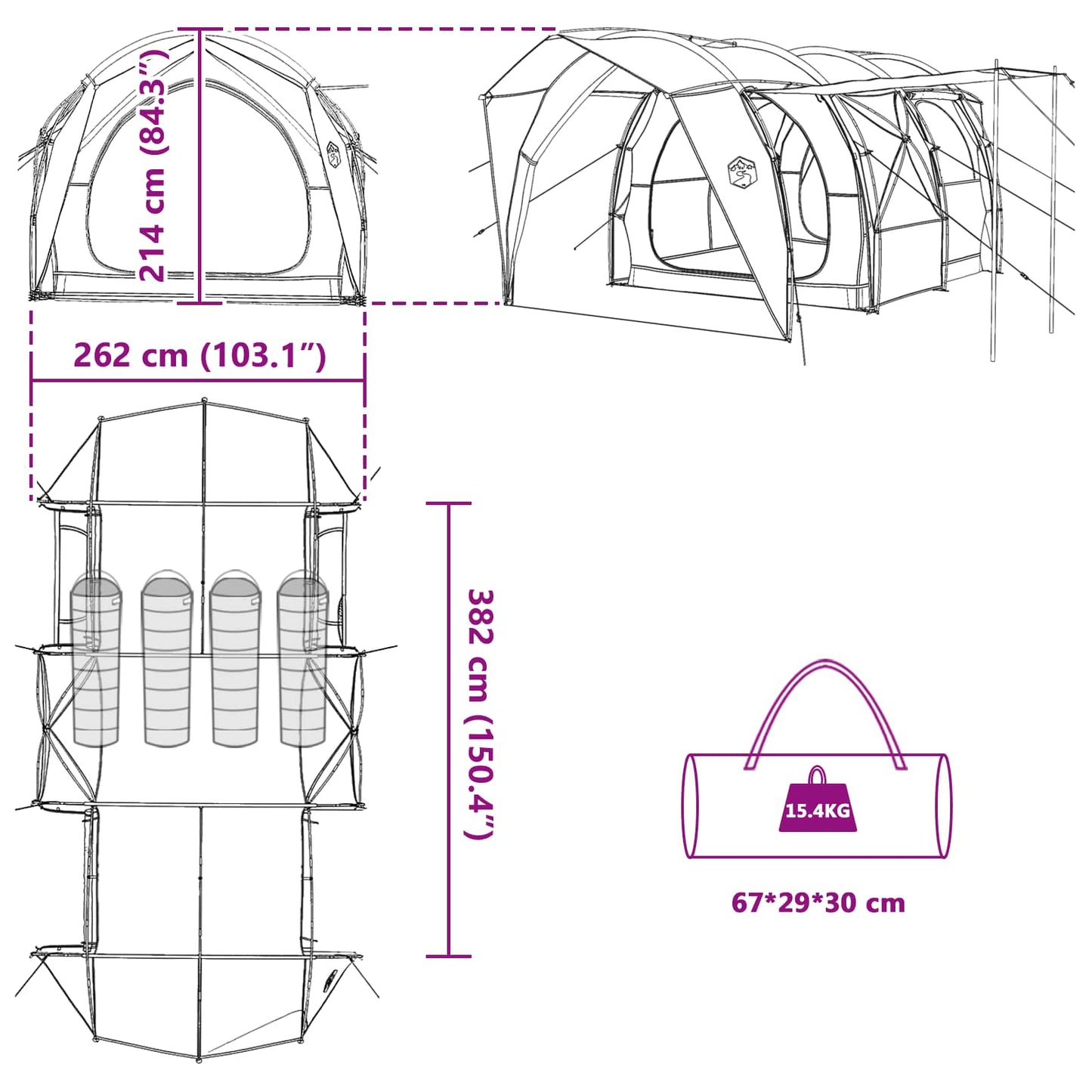 Detailtekening van de vidaXL tunneltent met afmetingen en opbergzak.