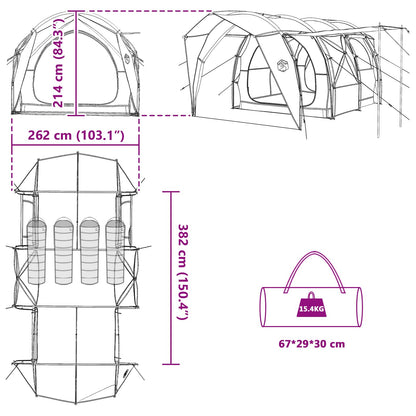 Detailtekening van de vidaXL tunneltent met afmetingen en opbergzak.