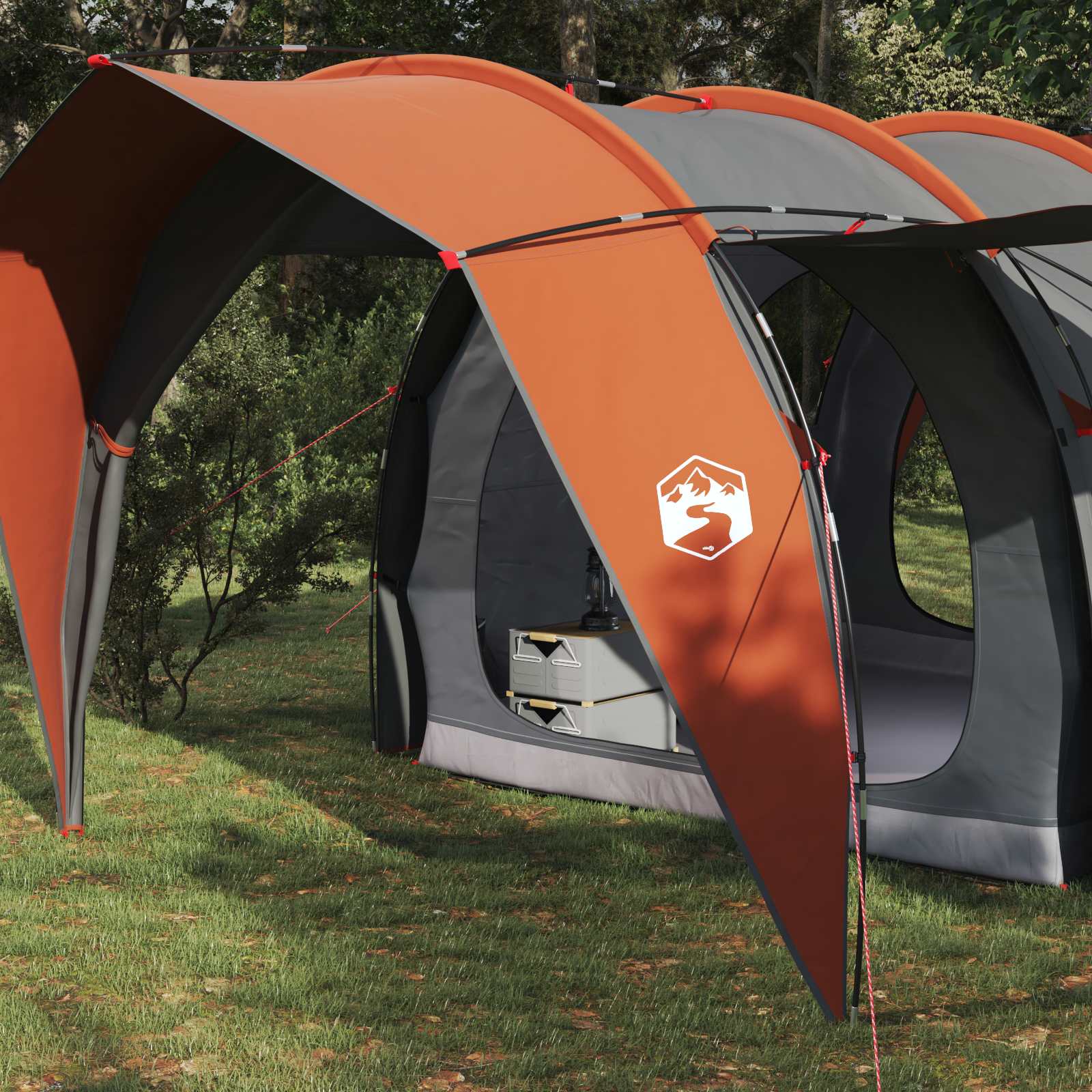 Detail van de vidaXL tunneltent met oranje en grijze kleuren, zijaanzicht van de ingang.
