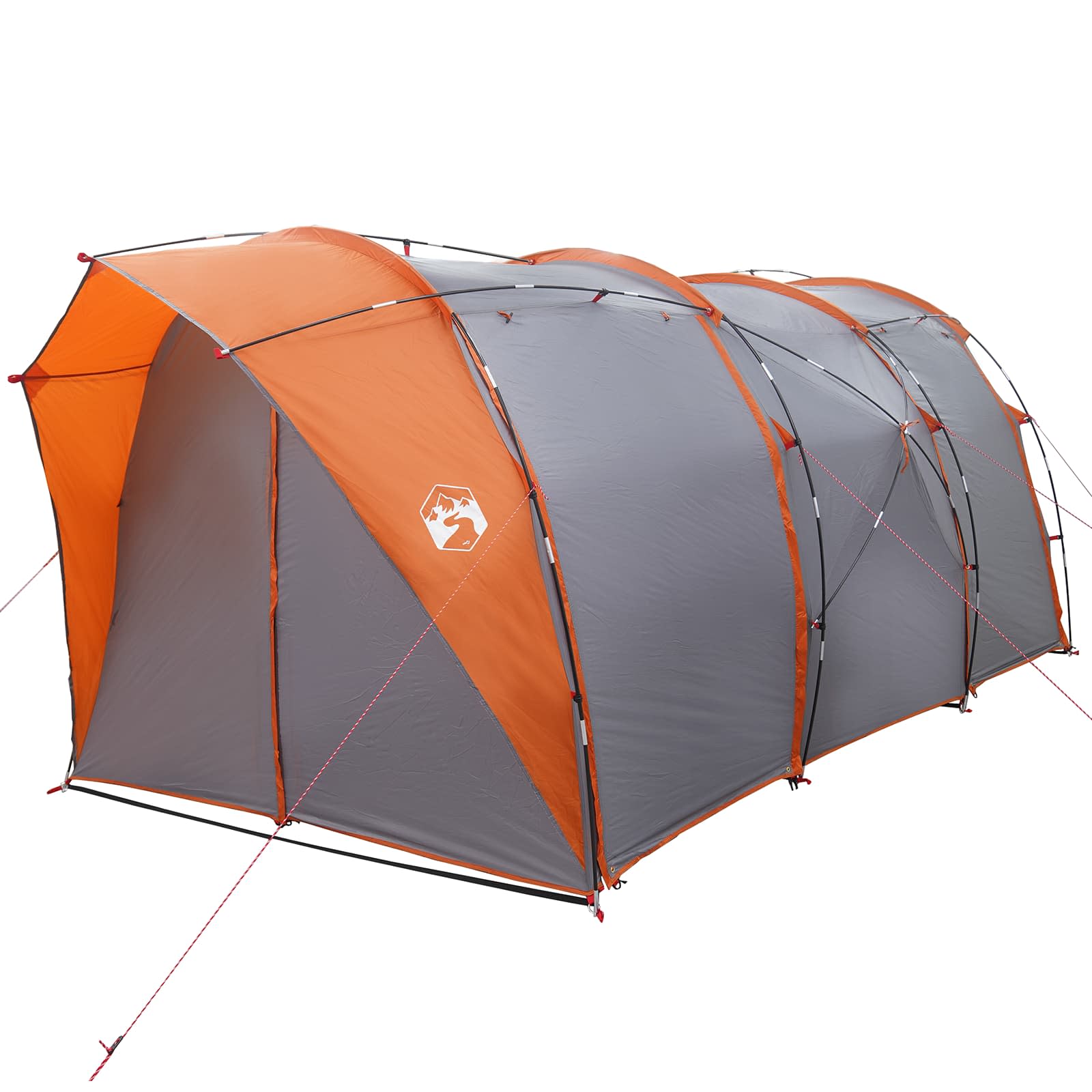 Zijaanzicht van de vidaXL Tunneltent in grijs en oranje met stevige stokken.