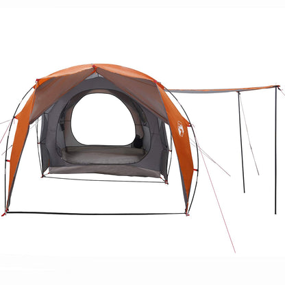 Zijaanzicht van de vidaXL Tunneltent in grijs en oranje met open ingang.