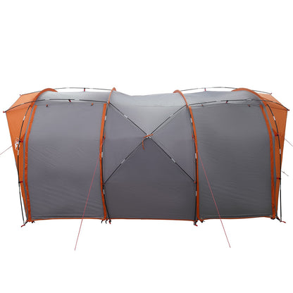 Zijaanzicht van de vidaXL Tunneltent in grijs en oranje met ventilatieopeningen.