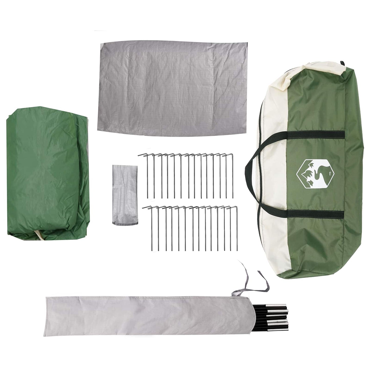 Detail van de vidaXL tunneltent met accessoires, inclusief haringen en opbergtas.