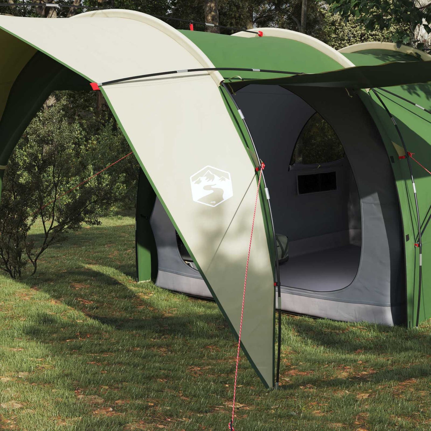 Detail van de vidaXL tunneltent met groene en beige kleuren en een gaasraam.