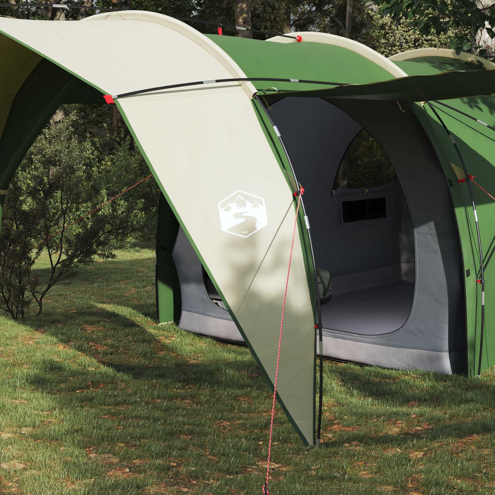 Detail van de vidaXL tunneltent met groene en beige kleuren en een gaasraam.