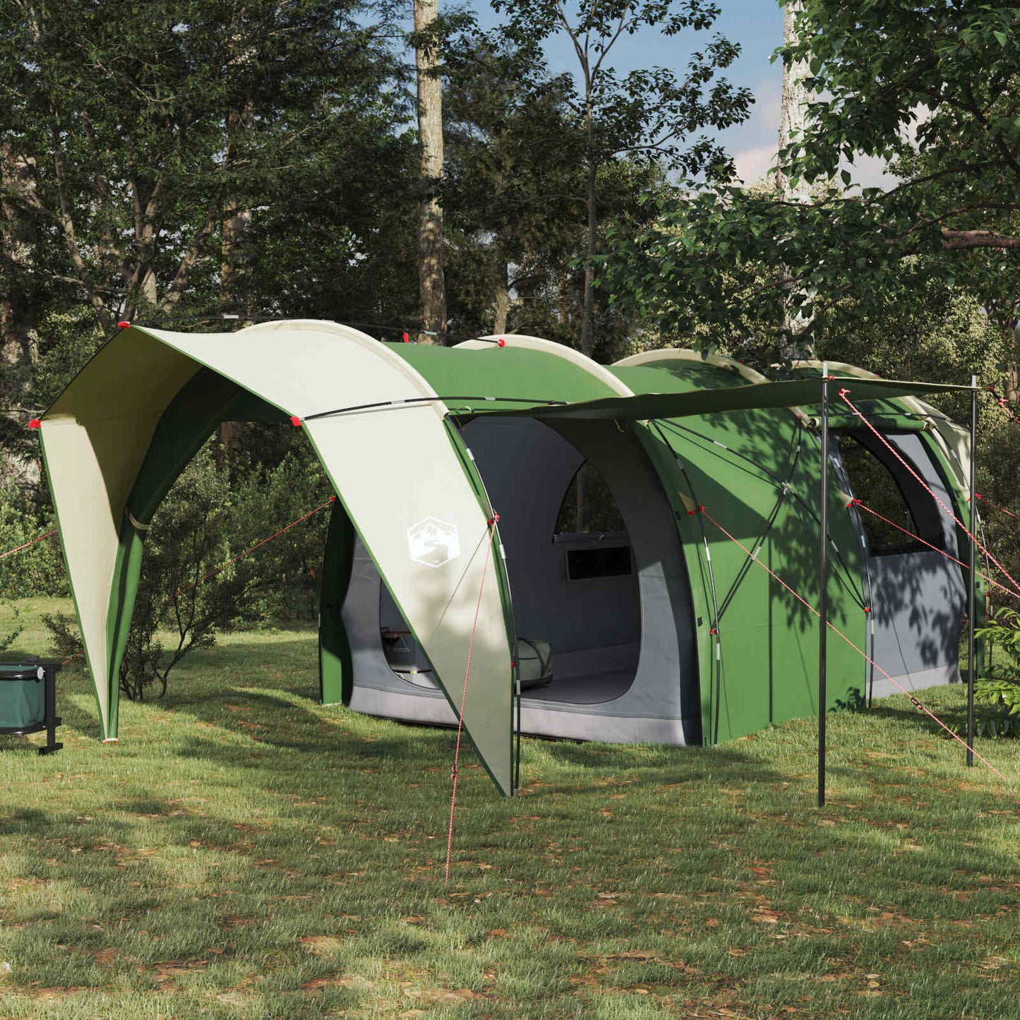 Tunneltent vidaXL Groen 562 x 265 x 216 cm met ruime binnenruimte in de natuur.