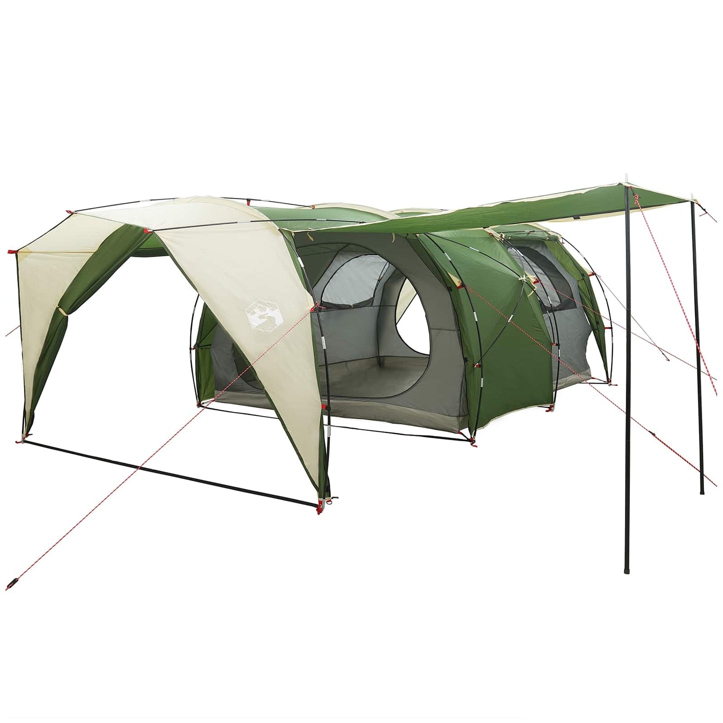 Detail van de vidaXL tunneltent in groen met zijluifel en gaasramen.