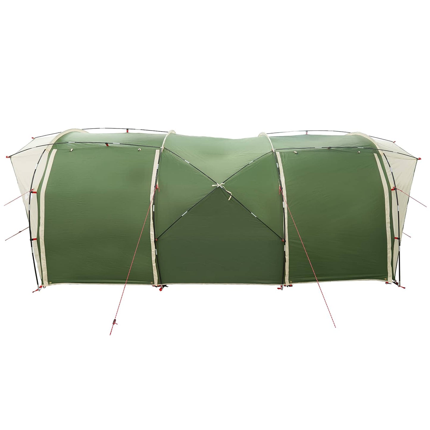 Zijaanzicht van de vidaXL tunneltent in groen, met stevige stokken en ventilatieopeningen.