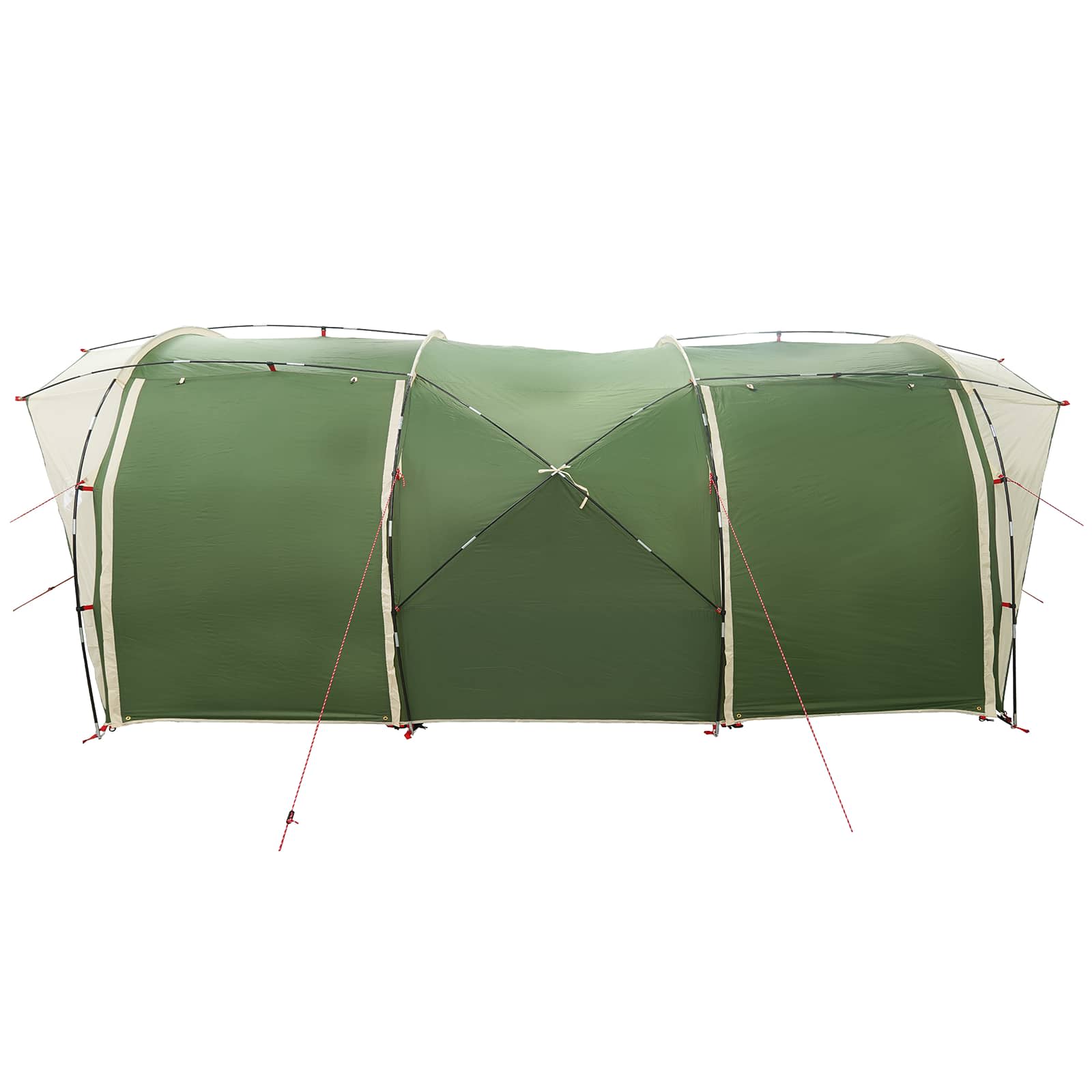 Zijaanzicht van de vidaXL tunneltent in groen, met stevige stokken en ventilatieopeningen.
