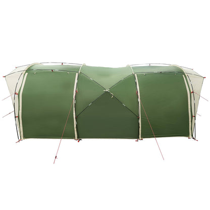 Zijaanzicht van de vidaXL tunneltent in groen, met stevige stokken en ventilatieopeningen.