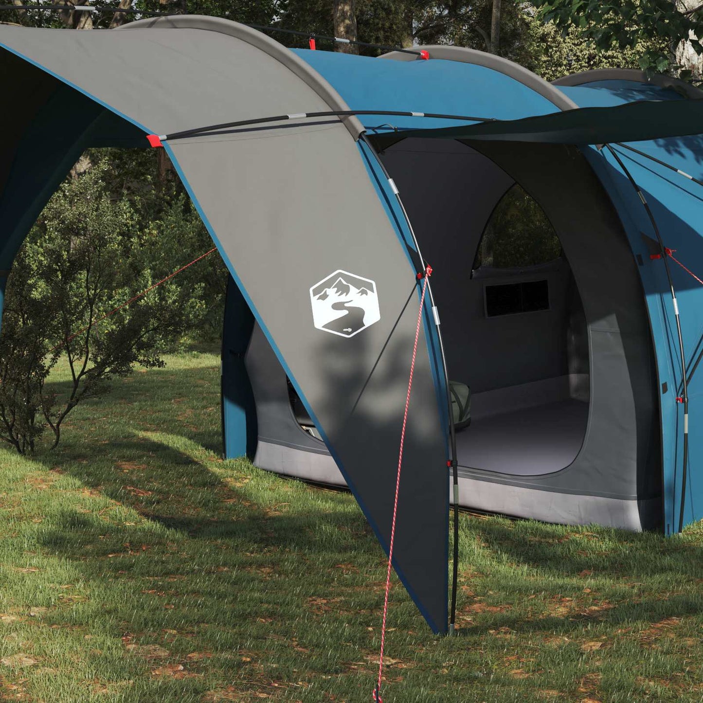Detail van de grijze deur van de vidaXL tunneltent met ventilatierooster.