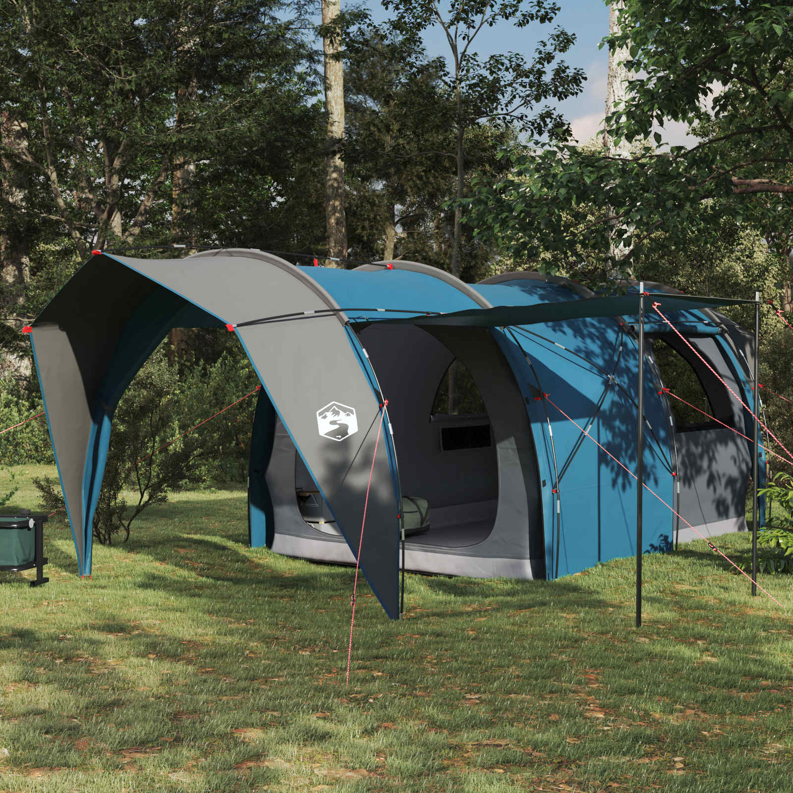 vidaXL tunneltent in blauw, met modern ontwerp en weerbestendige eigenschappen, geplaatst in een groene omgeving.