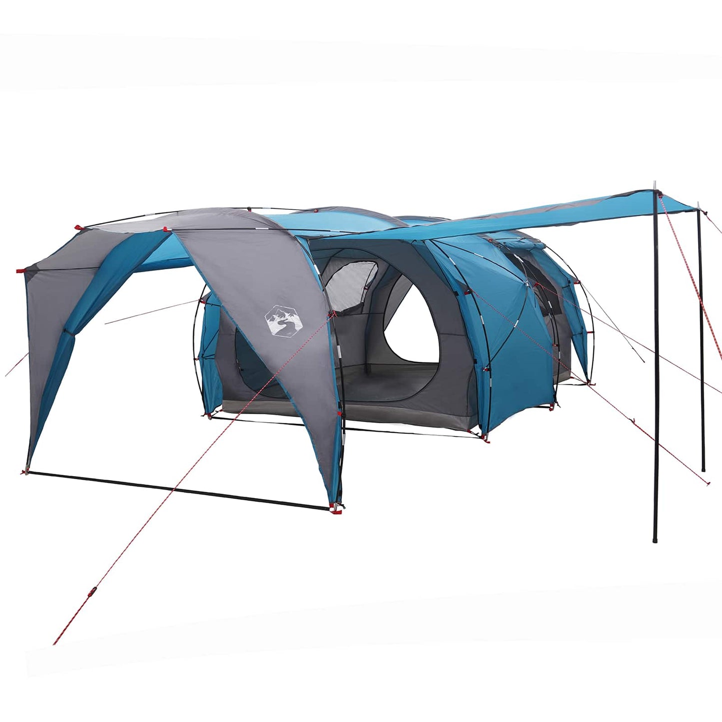 Zijaanzicht van de vidaXL tunneltent in blauw met ventilatieroosters en ingangen.