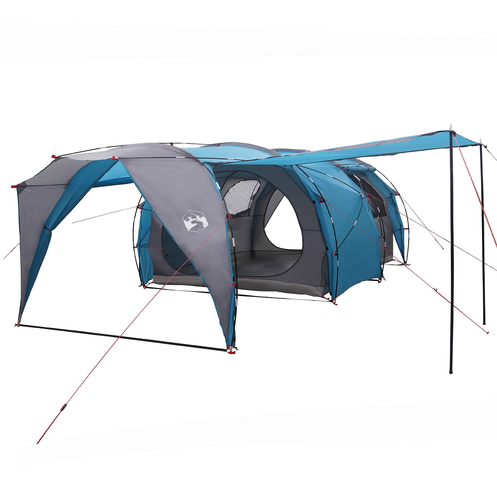 Zijaanzicht van de vidaXL tunneltent in blauw met ventilatieroosters en ingangen.