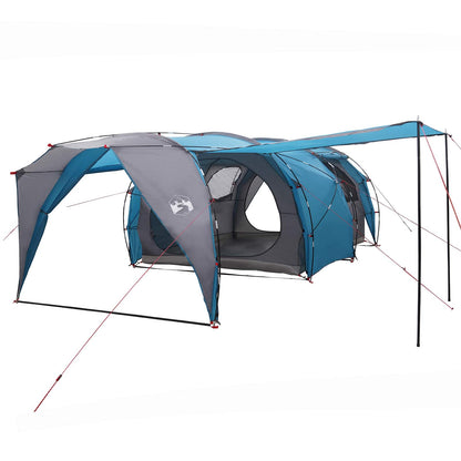 Zijaanzicht van de vidaXL tunneltent in blauw met ventilatieroosters en ingangen.