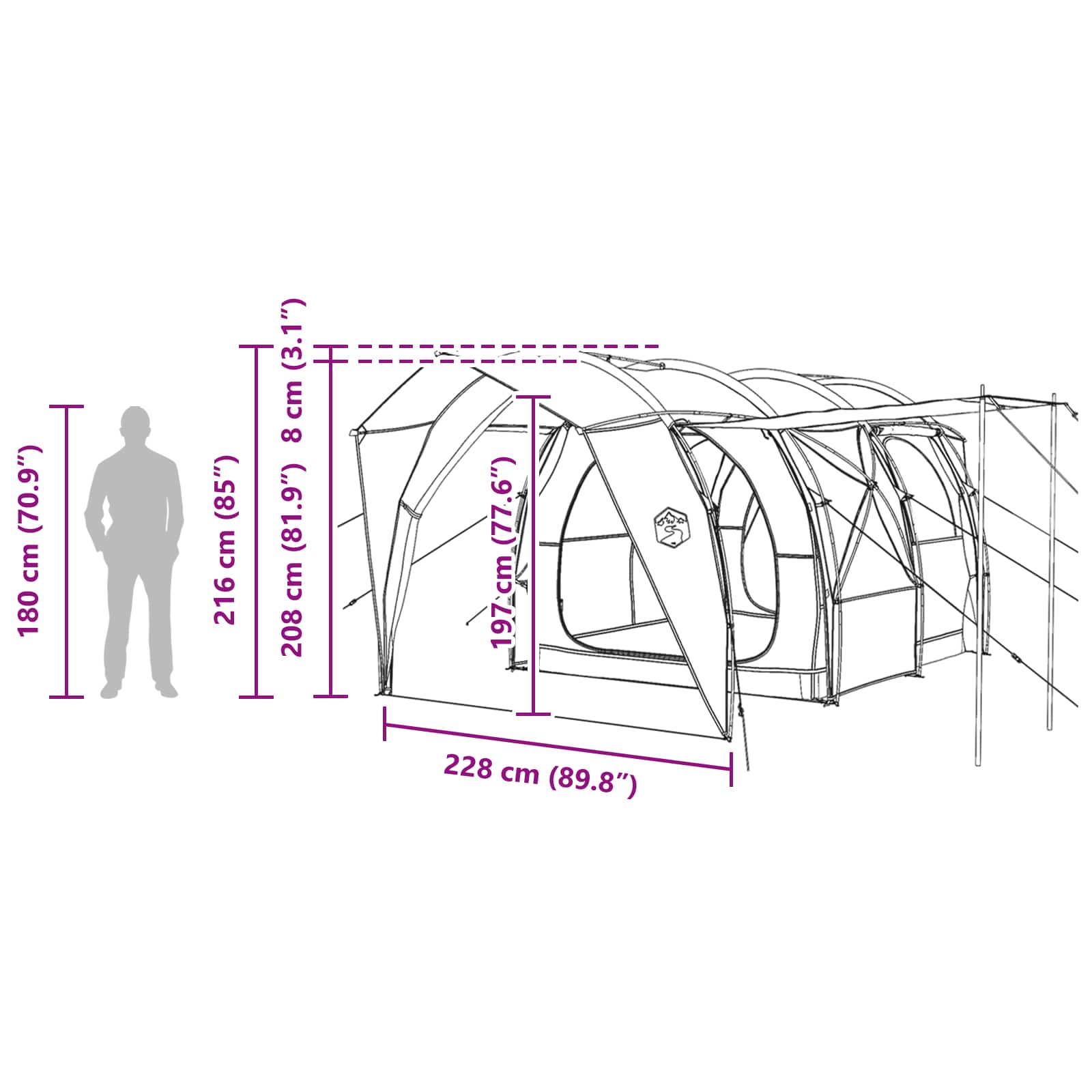 Detail van de afmetingen van de vidaXL Tunneltent met schematische weergave en specificaties.