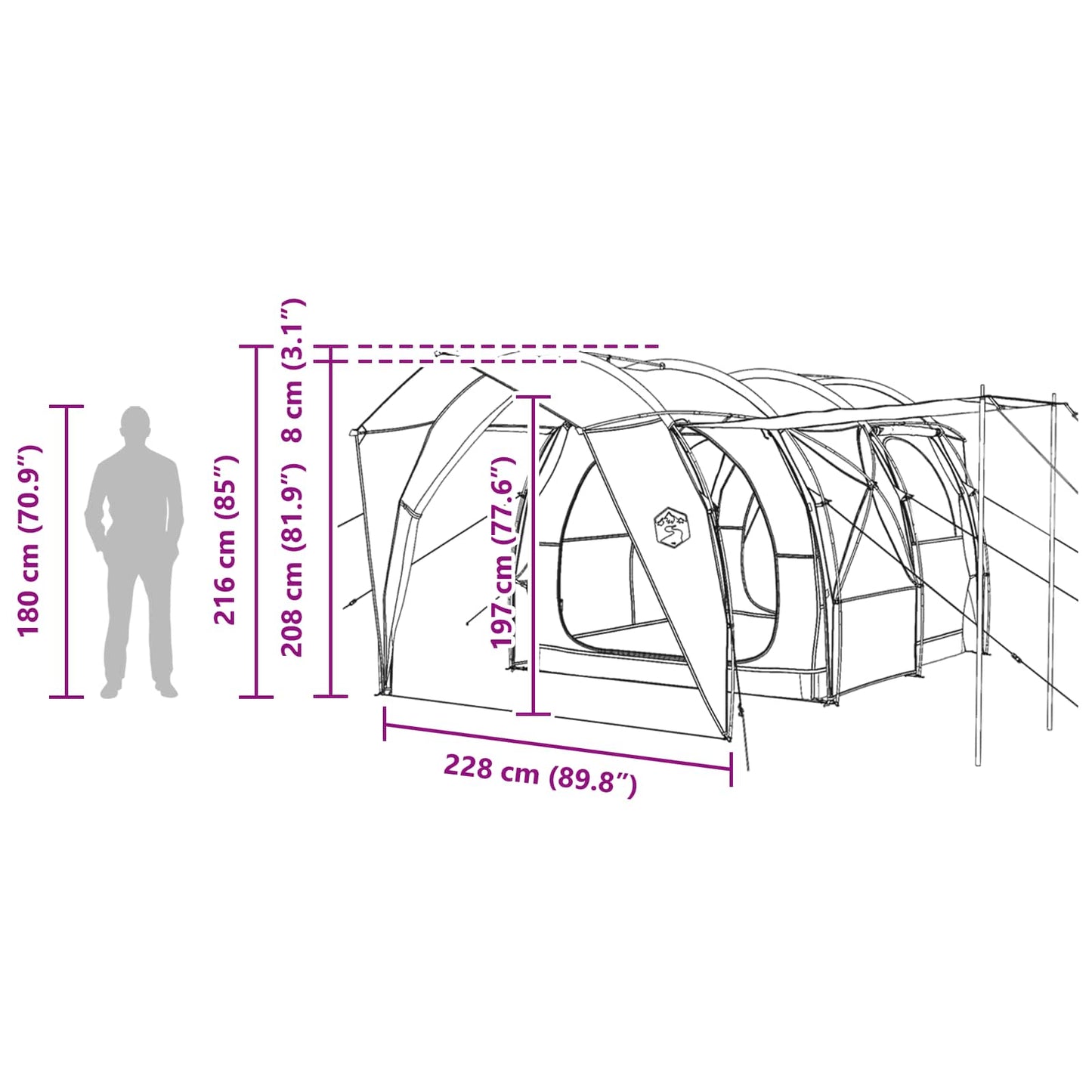 Technische tekening van de vidaXL Tunneltent met afmetingen en details van het ontwerp.