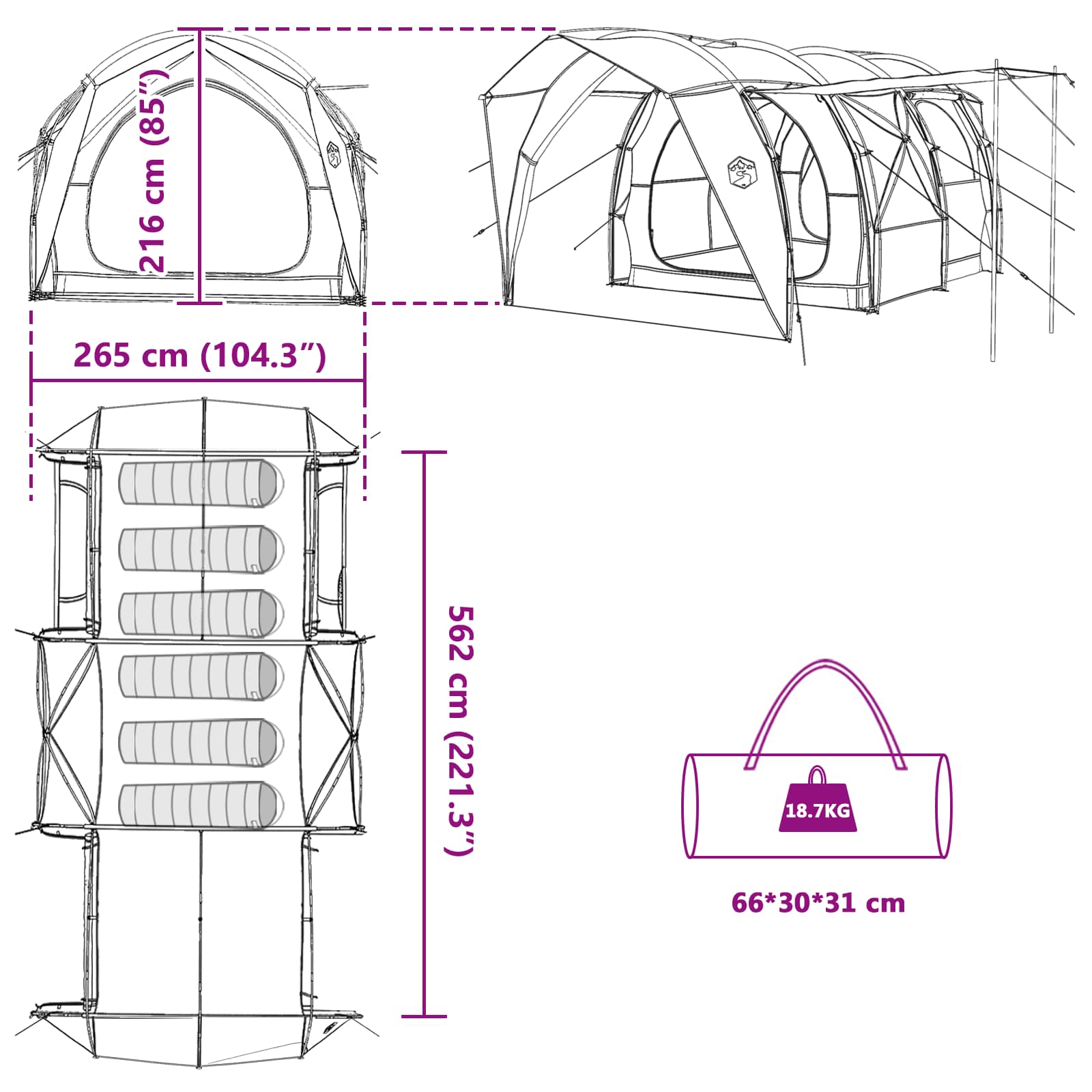 Detailtekening van de vidaXL Tunneltent met afmetingen en ontwerpdetails.