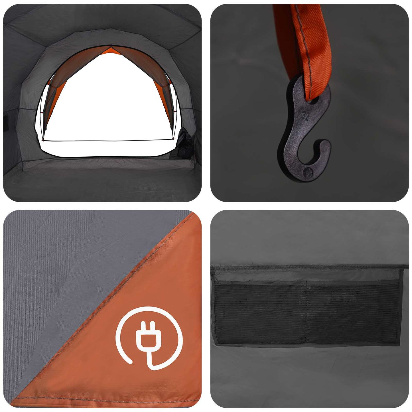 Detail van de binnenkant van de vidaXL tunneltent met oranje accenten en haakje voor verlichting.