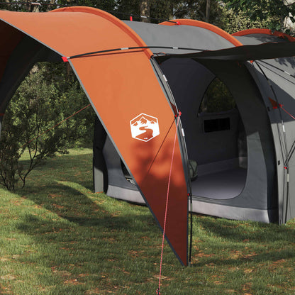 Detail van de grijze en oranje vidaXL tunneltent met een ventilatieopening en logo.