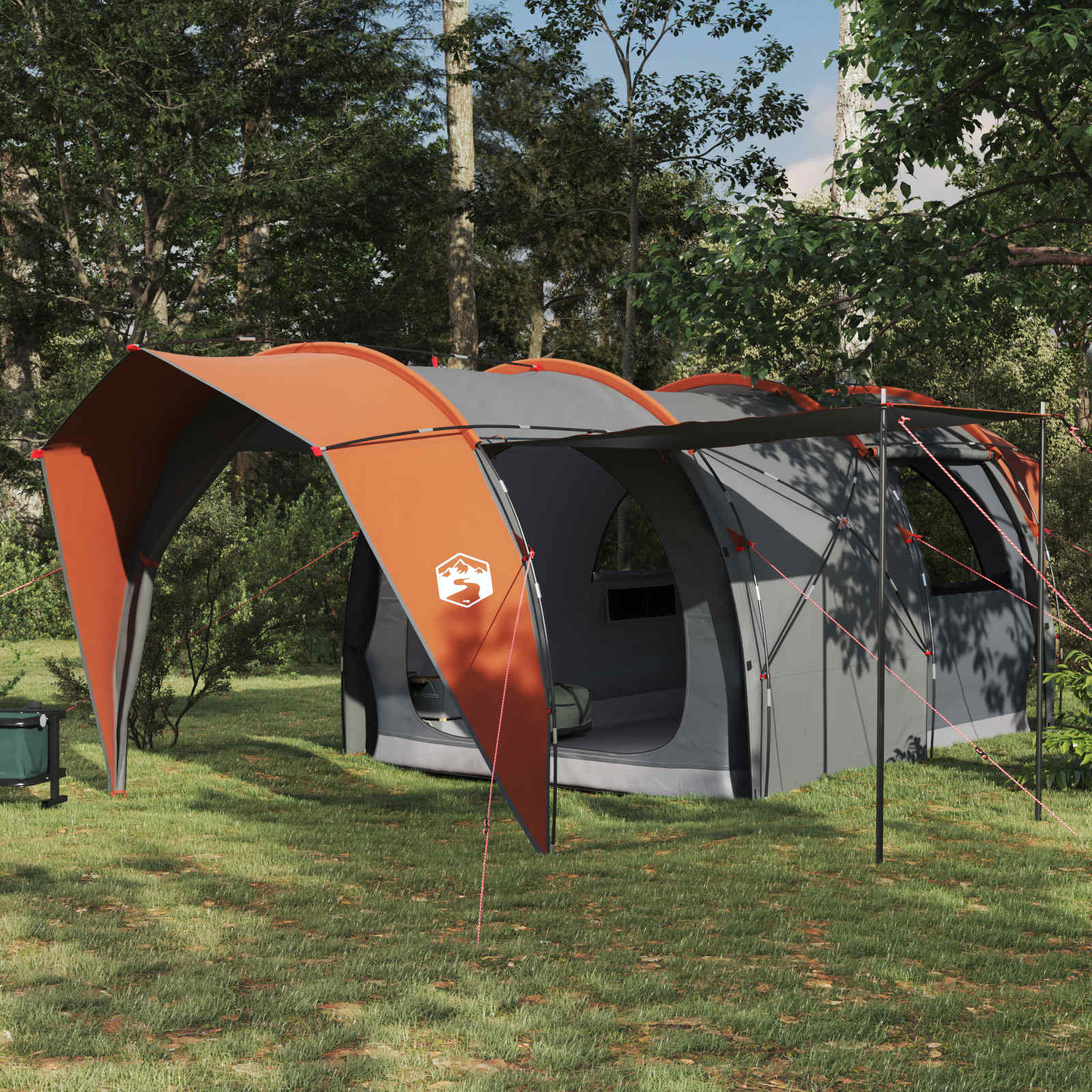 Tunneltent vidaXL in grijs en oranje, ruim en stijlvol, geplaatst in een groene omgeving.