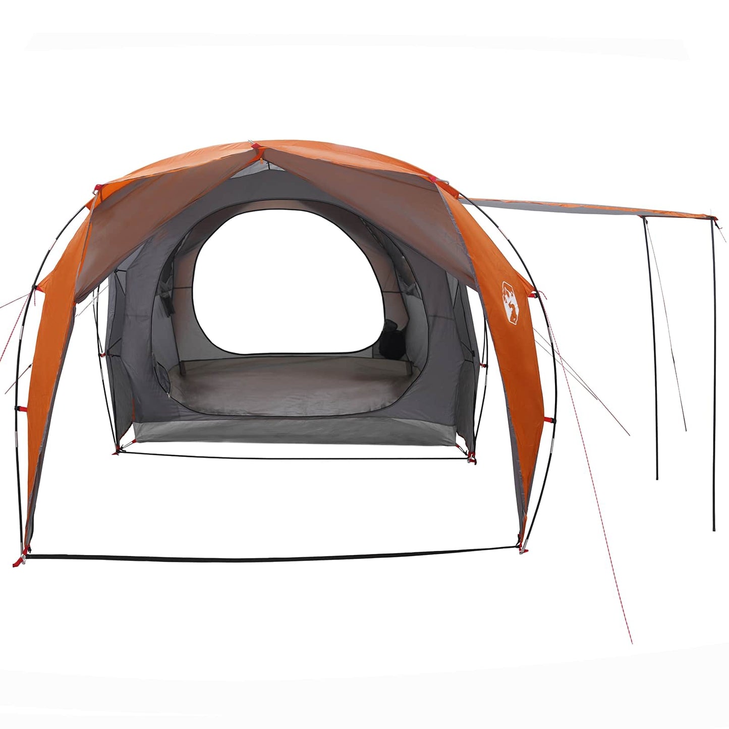 Detail van de vidaXL tunneltent in grijs en oranje, zijaanzicht met open ingang en ventilatie.