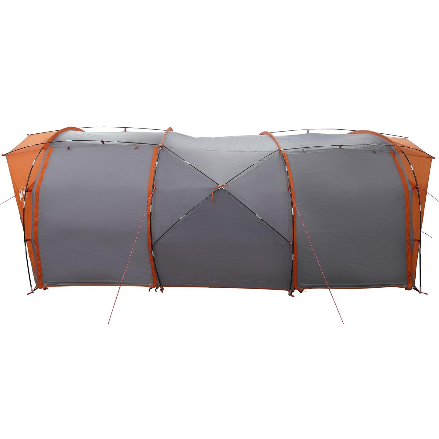 Zijaanzicht van de vidaXL tunneltent in grijs en oranje met ventilatieroosters.