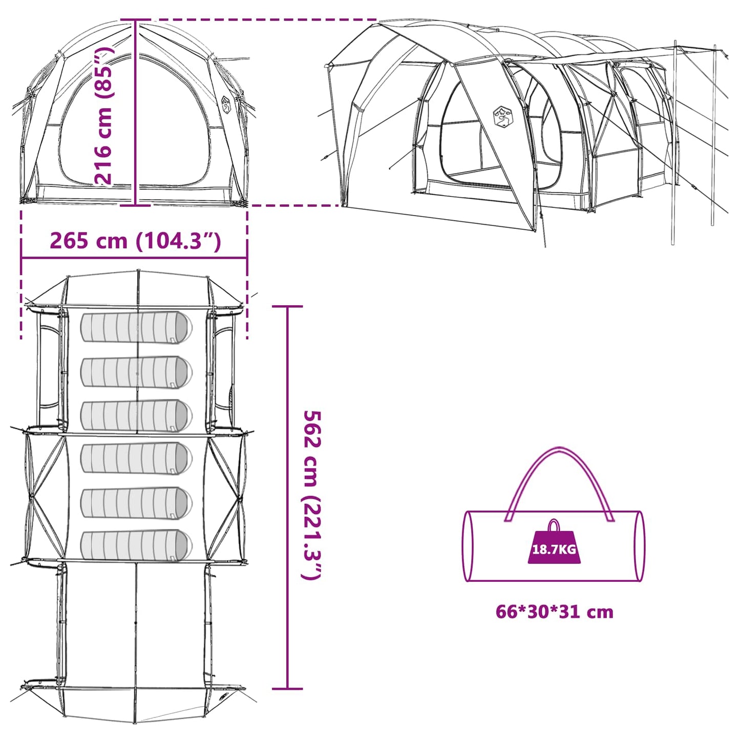 Detailtekening van de vidaXL tunneltent met afmetingen en opbergmogelijkheden.