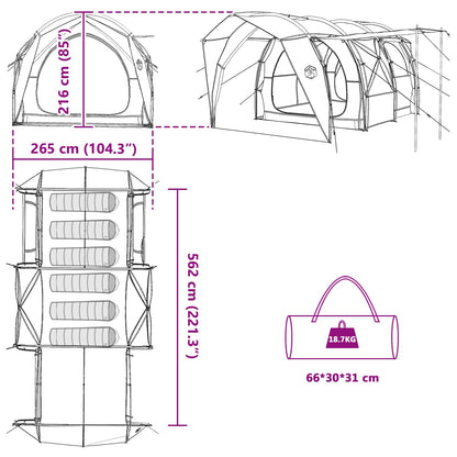 Detailtekening van de vidaXL tunneltent met afmetingen en opbergmogelijkheden.