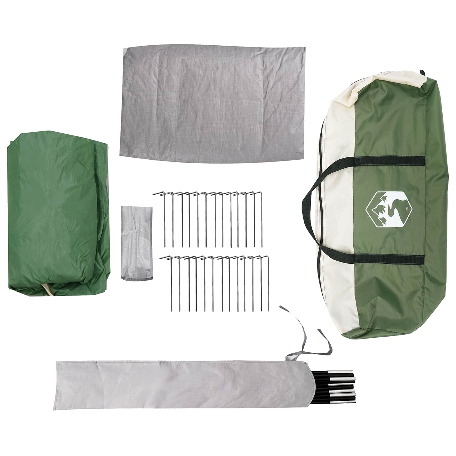 Detail van de accessoires van de vidaXL tunnelvormige tent, inclusief stokken en haringen.