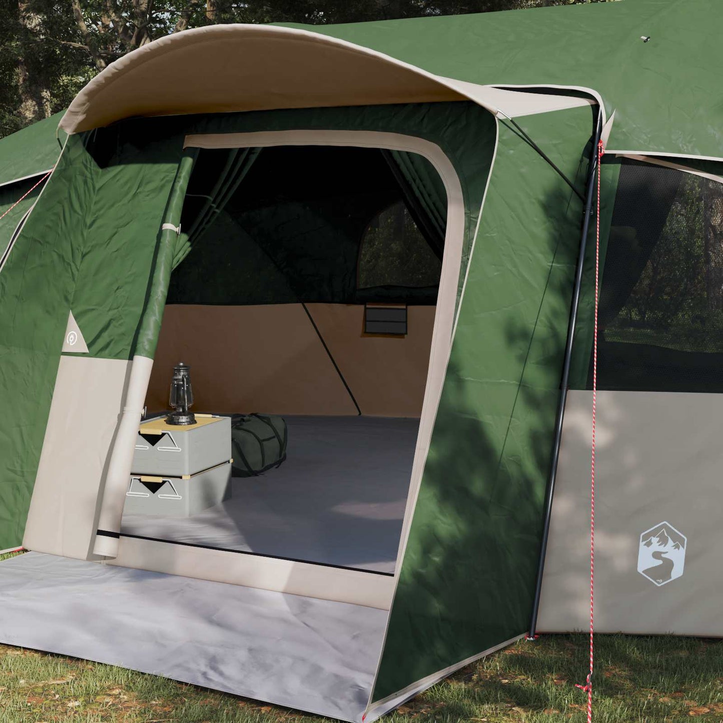 Detail van de ingang van de vidaXL tunnelvormige tent met open deur en binnenruimte zichtbaar.