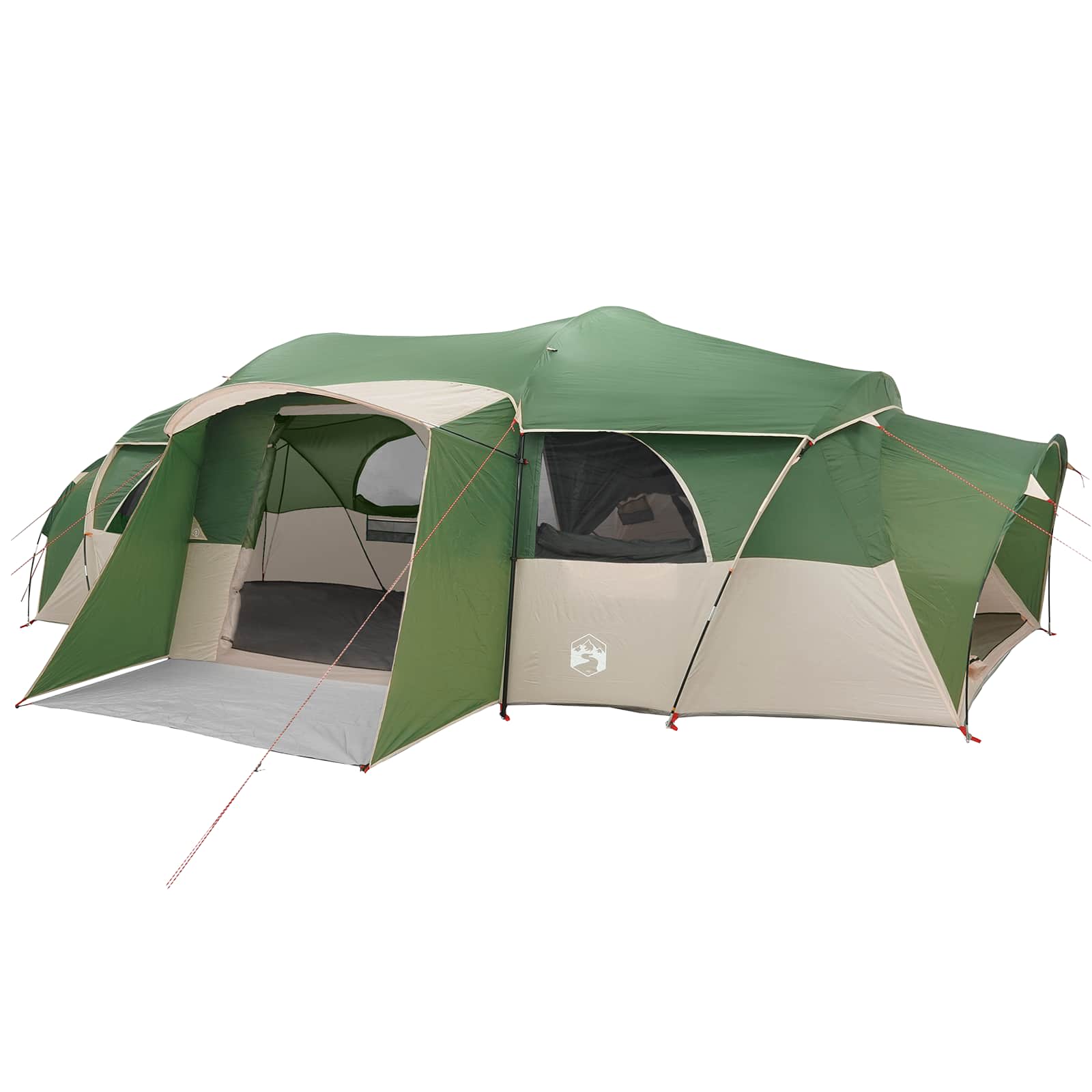 Zijaanzicht van de vidaXL tunnelvormige tent in groen met dubbele deuren.