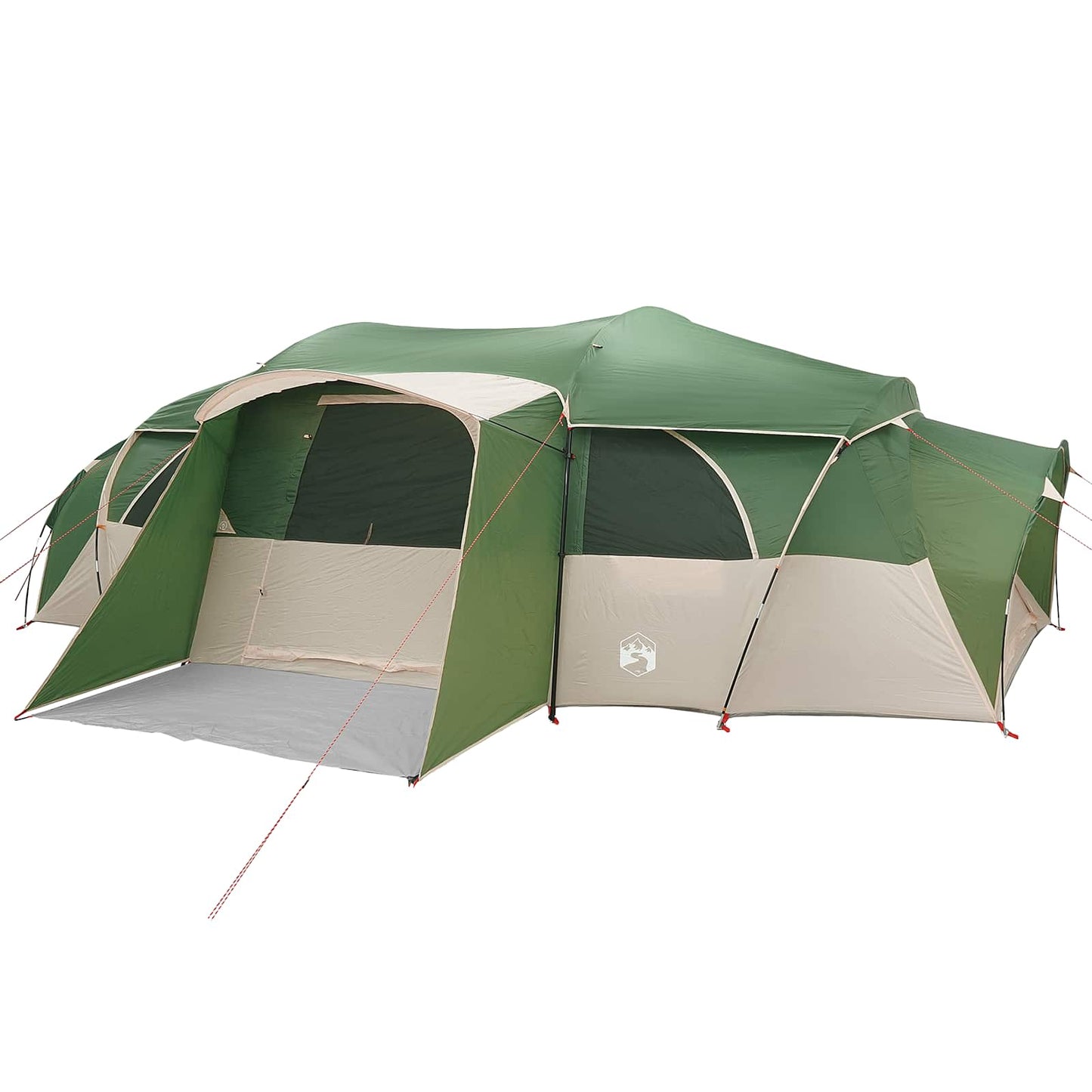 Detail van de vidaXL tunnelvormige tent met groene en beige kleuren, zijaanzicht.