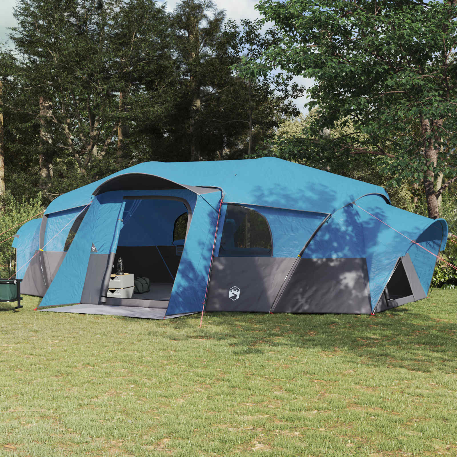 Blauwe vidaXL tunneltent voor 18 personen, waterdicht met ruime ingang en ventilatie.
