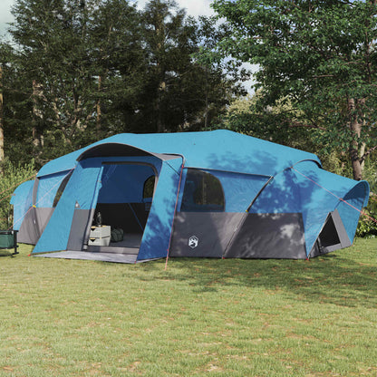 Blauwe vidaXL tunneltent voor 18 personen, waterdicht met ruime ingang en ventilatie.