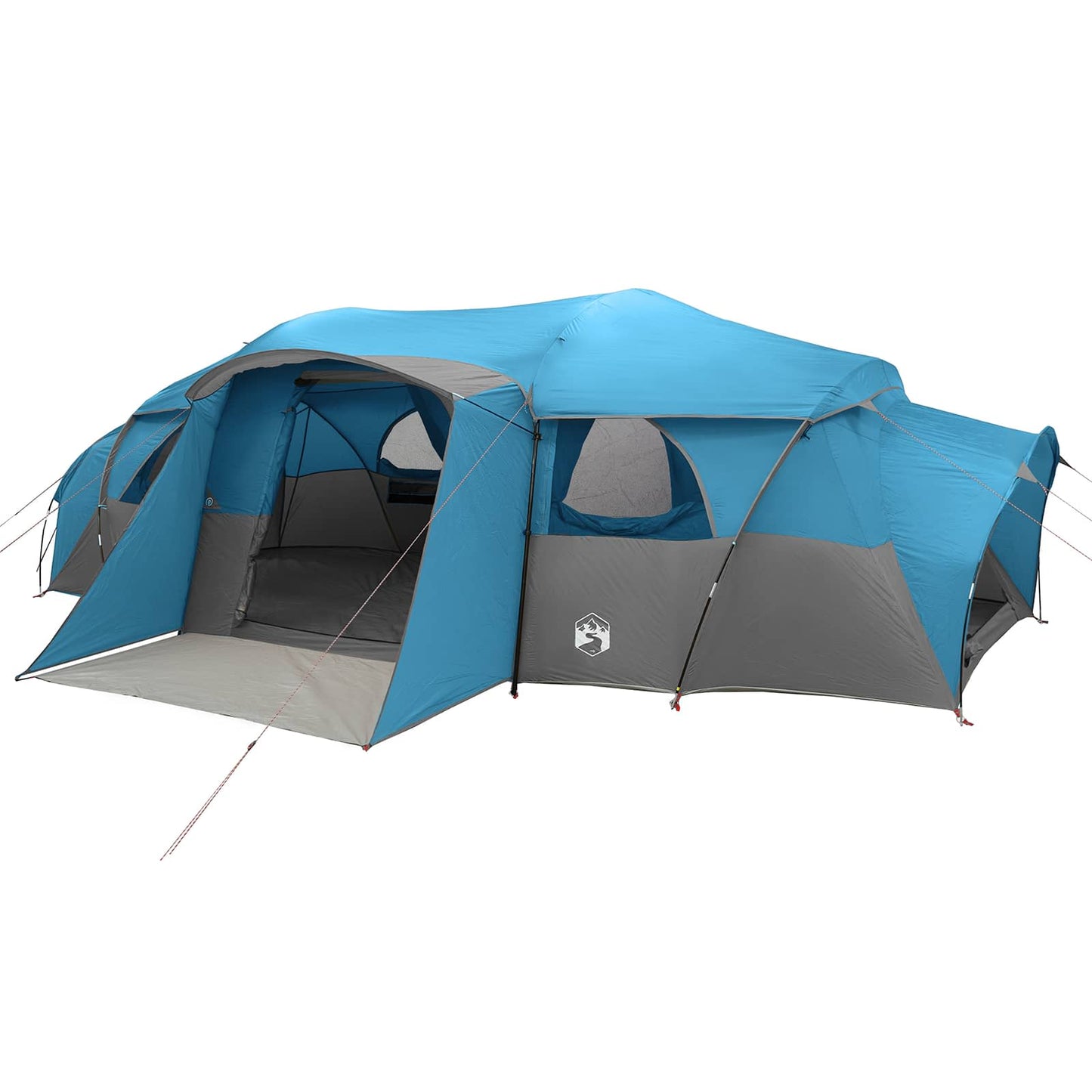 Zijaanzicht van de blauwe vidaXL tunneltent, met ruime ingangen en gaaspanelen voor ventilatie.