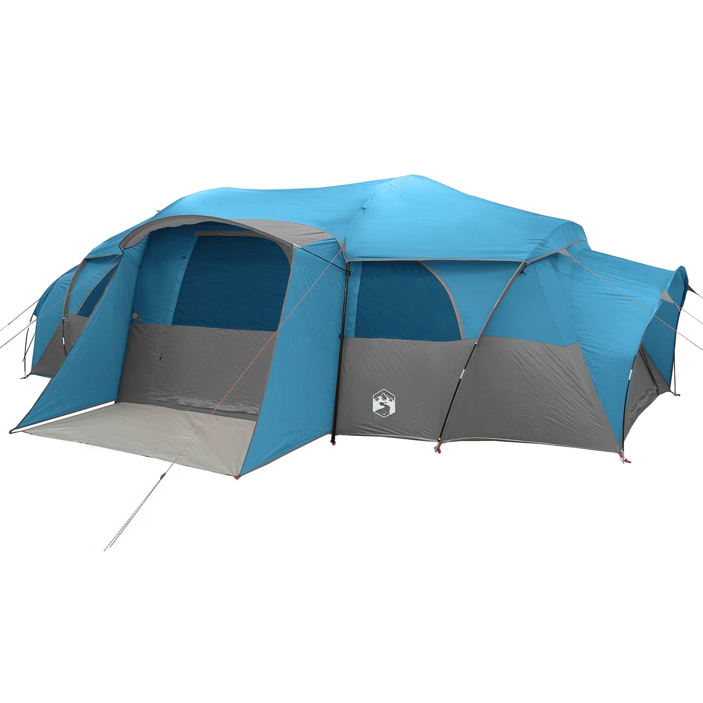 Zijaanzicht van de vidaXL tunneltent in blauw met ruime ingangen en ventilatiepanelen.