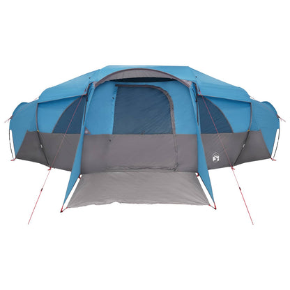 Zijaanzicht van de vidaXL tunneltent in blauw met ruime ingang en ventilatiedetails.