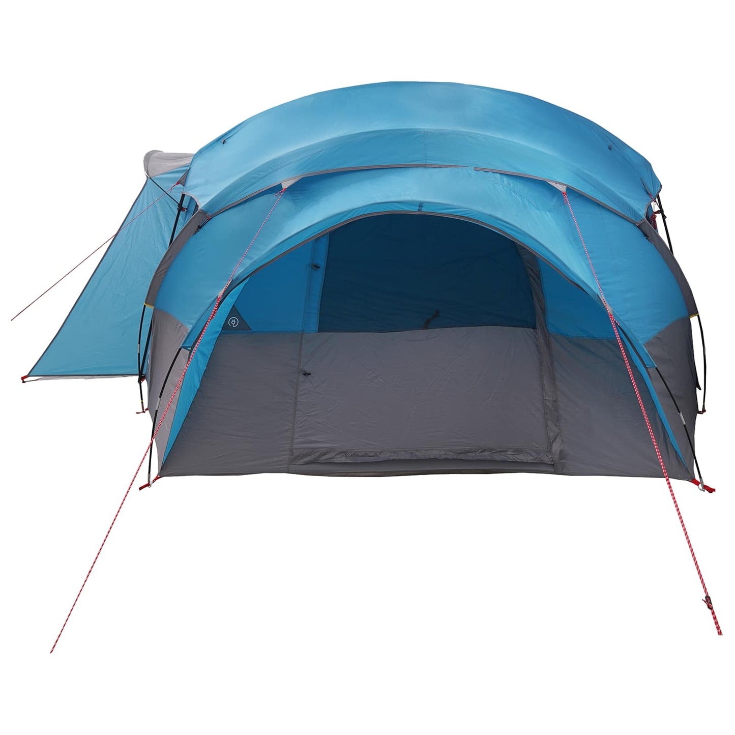 Zijaanzicht van de vidaXL tunneltent in blauw, met open ingang en regenzeil.