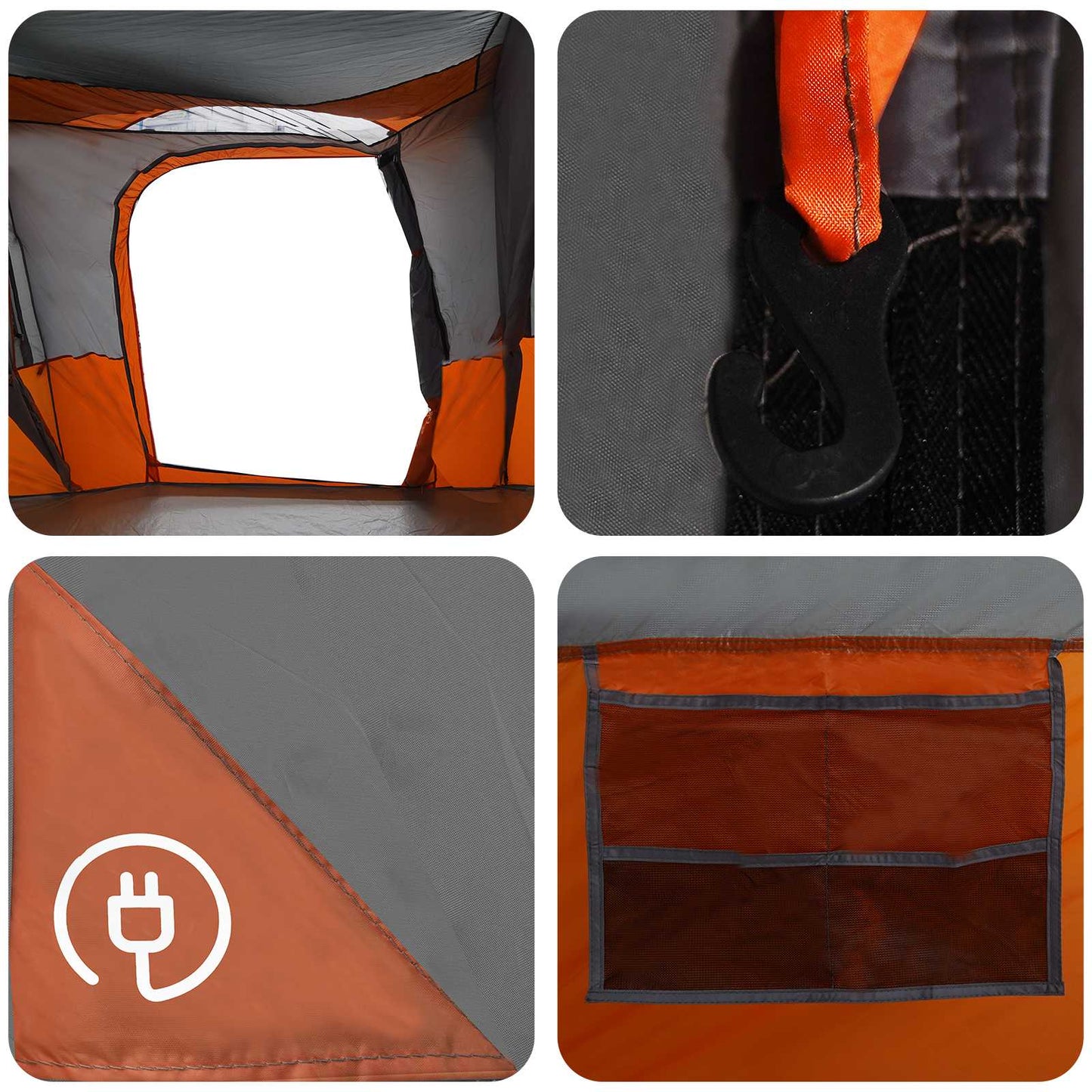 Detail van het grijs-oranje vidaXL regenzeil met haak en opbergvakken binnenin.