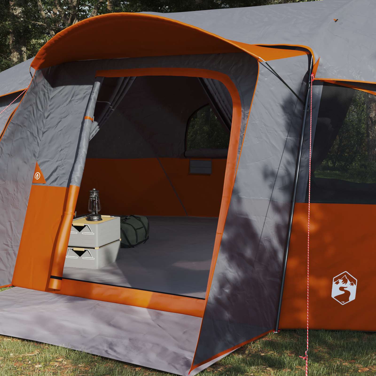 Zijaanzicht van de vidaXL gezinstent met grijs en oranje regenzeil en open ingang.