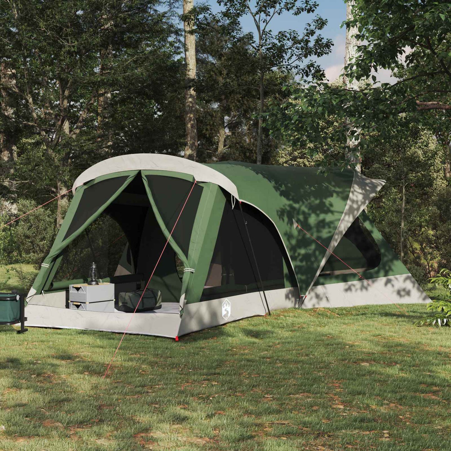 Ruime vidaXL gezinstent in groen met een comfortabele ingang, geplaatst in een bosrijke omgeving.