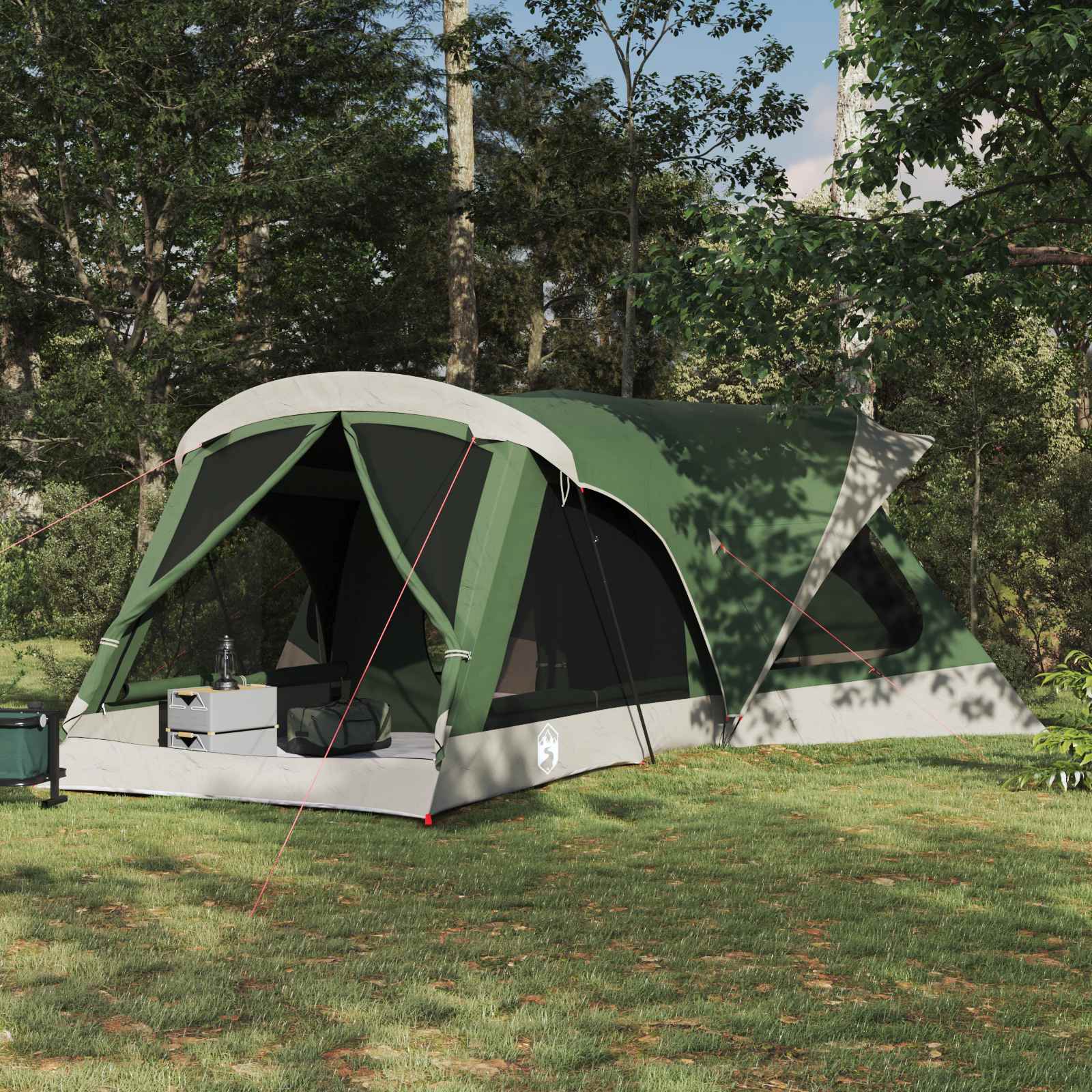 Ruime vidaXL gezinstent in groen met een comfortabele ingang, geplaatst in een bosrijke omgeving.