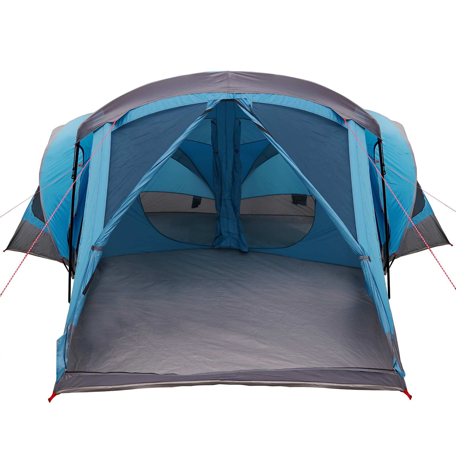 Zijaanzicht van de vidaXL gezinstent in blauw met open ritsramen en gaas.