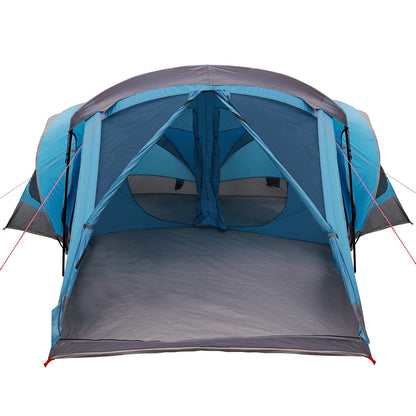 Zijaanzicht van de vidaXL gezinstent in blauw met open ritsramen en gaas.