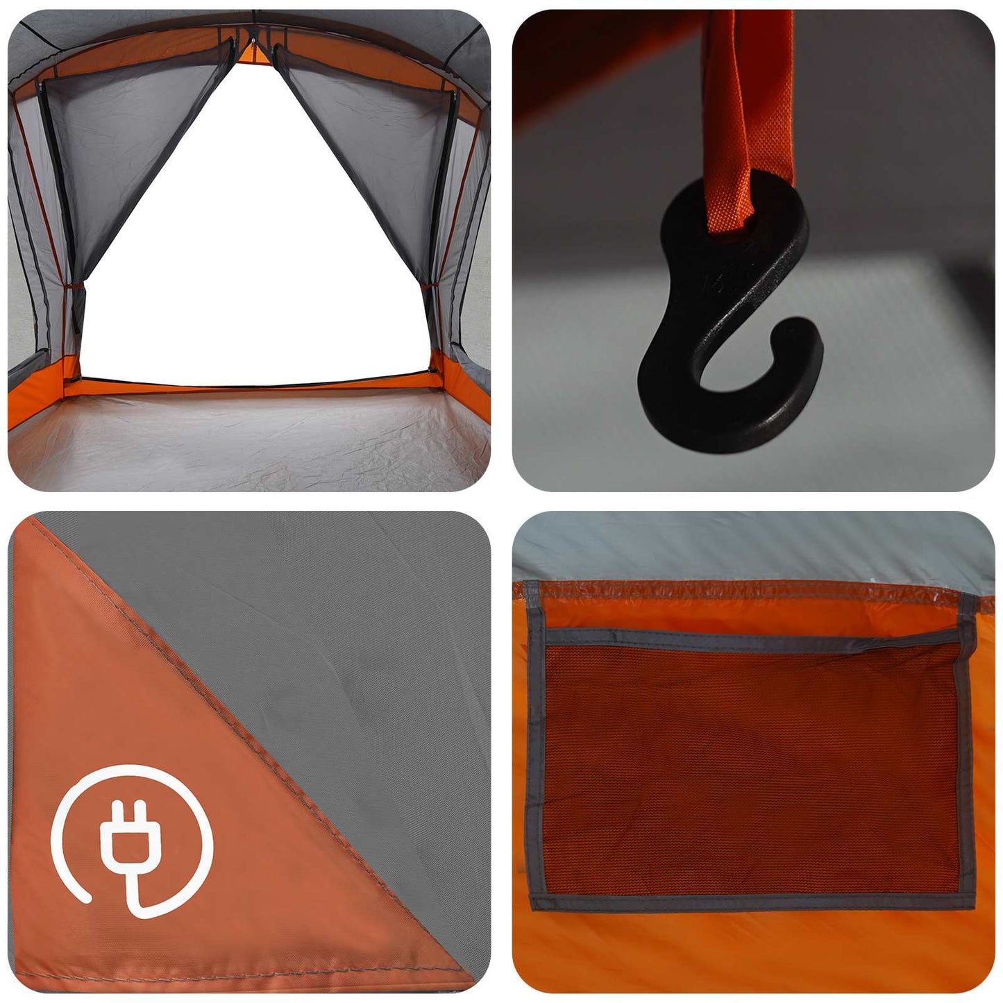 Detail van de grijze en oranje vidaXL tent met E-port en mesh zakken.
