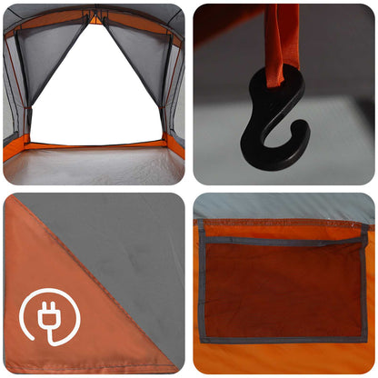 Detail van de grijze en oranje vidaXL tent met E-port en mesh zakken.